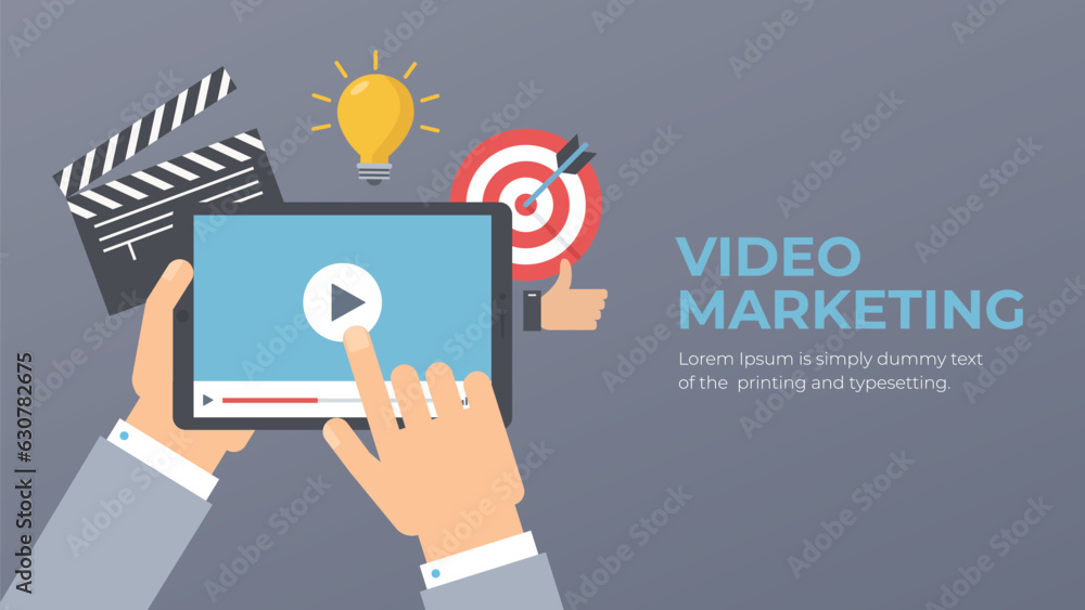 Video marketing flat vector. Successful promotion and monetization with visual media. Promoting agency services. Video marketing flat vector. Successful promotion and monetization with visual media. Promoting agency services.