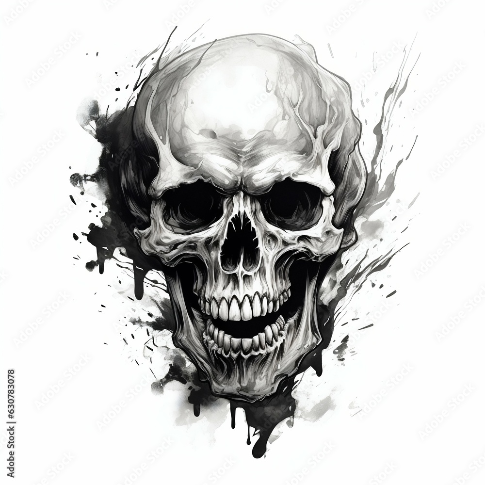 Fototapeta premium Monochrome Horror Skull Isolated on White Background. Generative ai