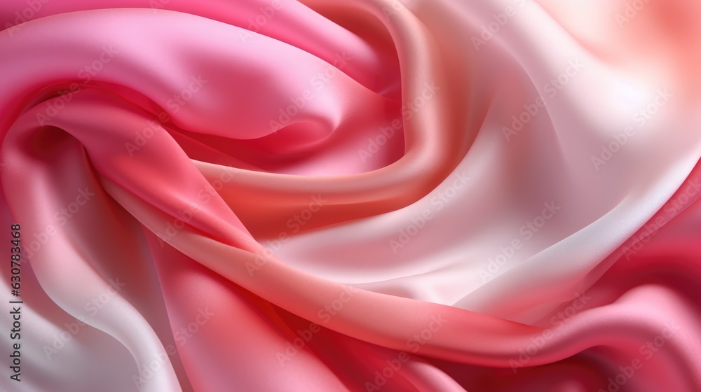 Fototapeta premium Pink and milky gradient silk fabric. Luxury silk cloth background with waves and drapery. Generative AI