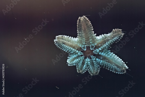 Closeup of a bright starfish swimming underwater