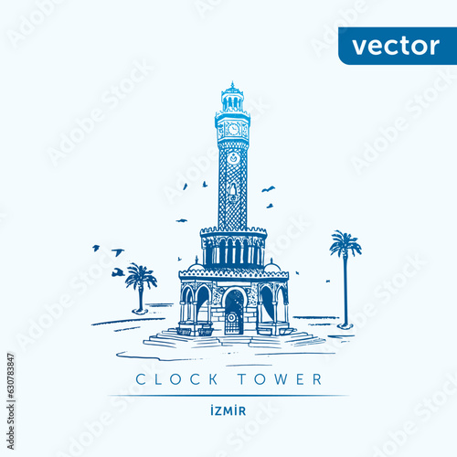9 September 1922 Happy Liberation of Izmir. Turkish translation: 9 Eylül İzmir'in Kurtuluşu kutlu olsun. Vector, typography. Clock tower illustration.