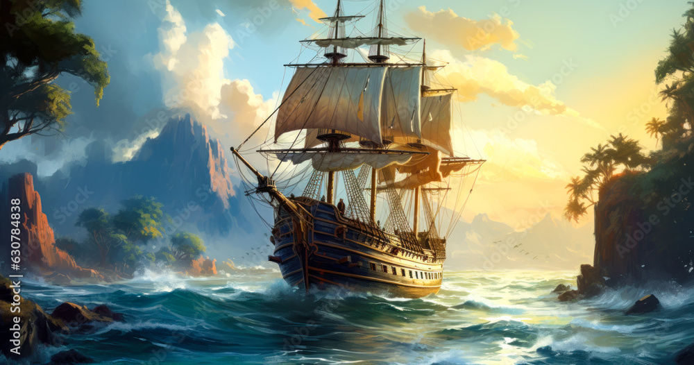 Obraz premium Caribbean Pirate Ship: Navigating Treacherous Waters