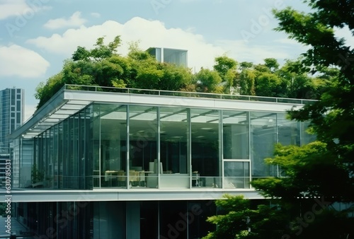 Lots of green plants around the modern glass house