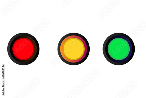 Set of three isolated traffic signal buttons in red, yellow, and green - on a plain white background