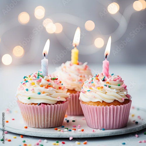 Delicious Birthday Cupcakes with candles  Product Photo 