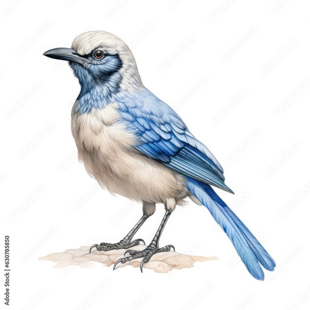 Island scrub-jay bird isolated on white. Generative AI Island scrub-jay bird isolated on white. Generative AI
