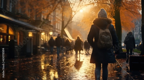 Blurred people walking in autumn city by Generative AI