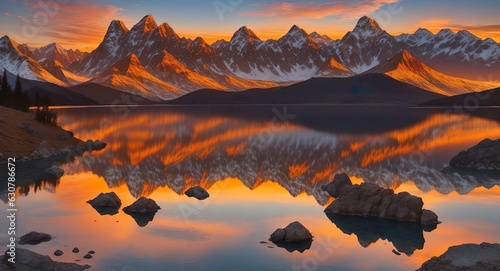 A Captivating Journey Amidst Majestic Mountains, Reflective Lake, and Radiant Horizon