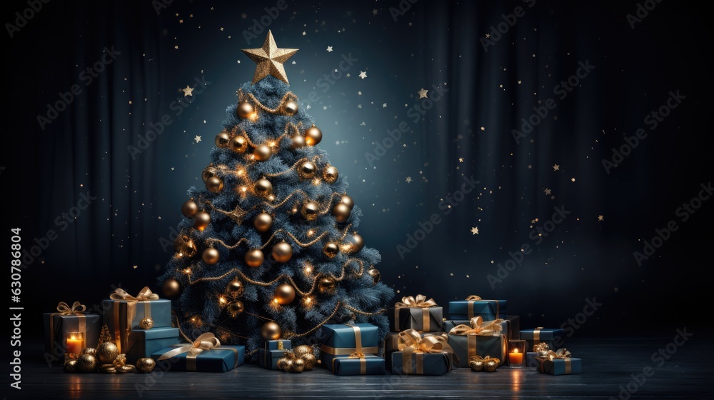 Christmas tree with decorations and gift boxes holiday background merry christmas and happy new year