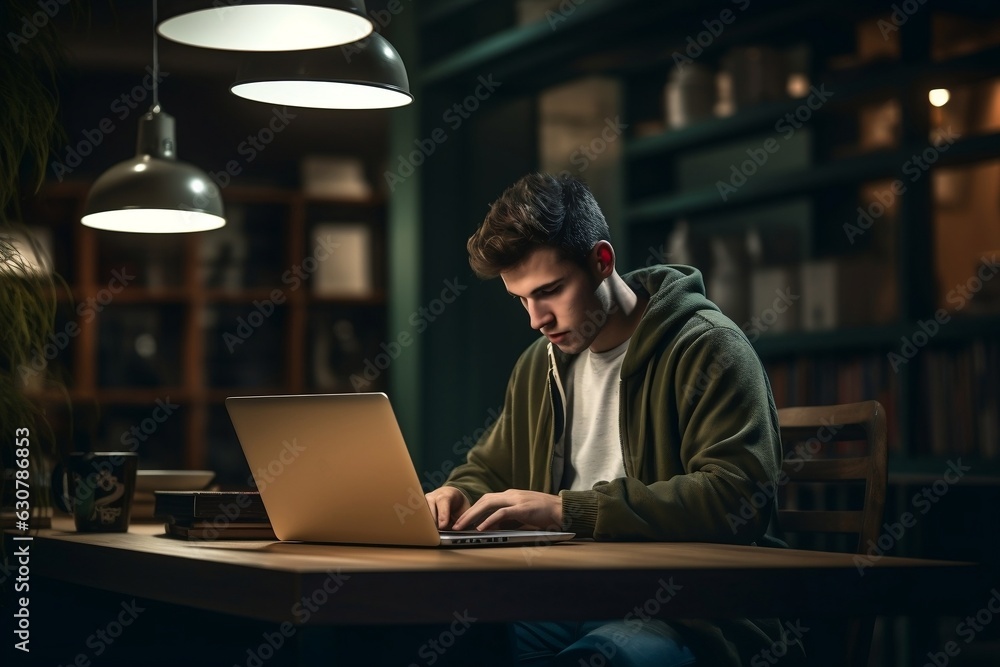 Young Man Student Working on Laptop 