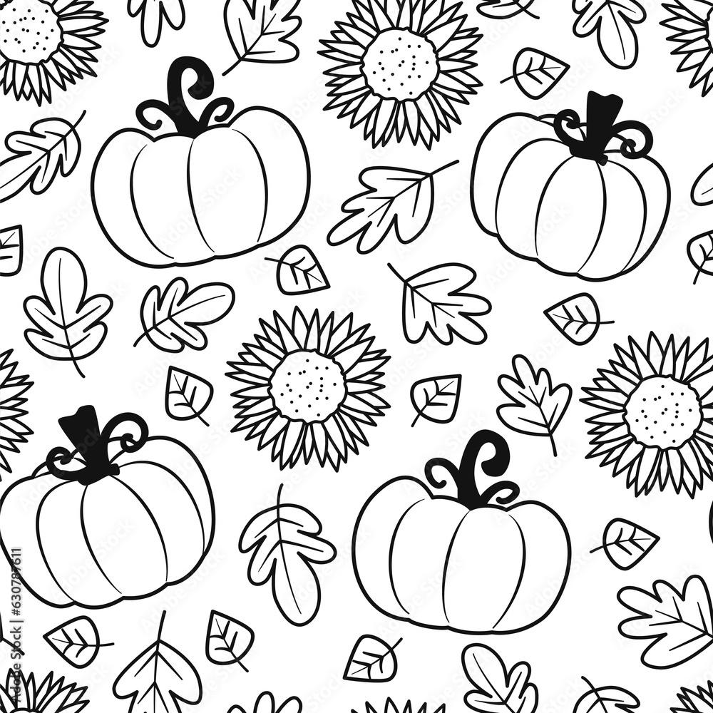 Cute hand drawn black and white autumn fall season seamless vector pattern background illustration with pumpkins, sunflowers and leaves