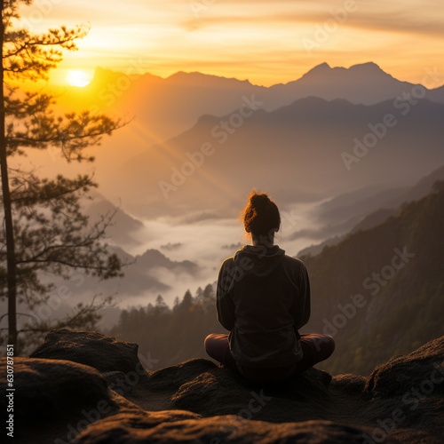 A silhouette of a person meditating on a mountaintop, connecting with the divine in nature Generative AI