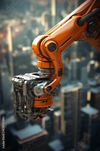 Closeup of Orange Robot Arm with Blurry Cityscape Background. Generative ai