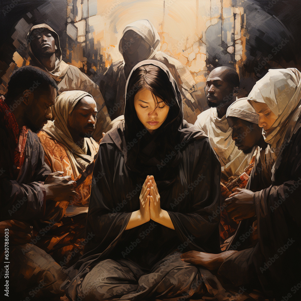 An artwork depicting people from different cultures and backgrounds praying, representing the universality of prayer Generative AI An artwork depicting people from different cultures and backgrounds praying, representing the universality of prayer Generative AI