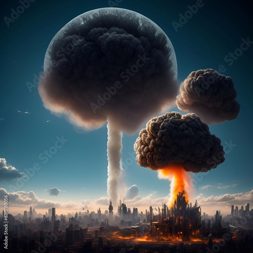 A nuclear Atomic bomb explosions In the futuristic city on daylight sky generative ai illustration art