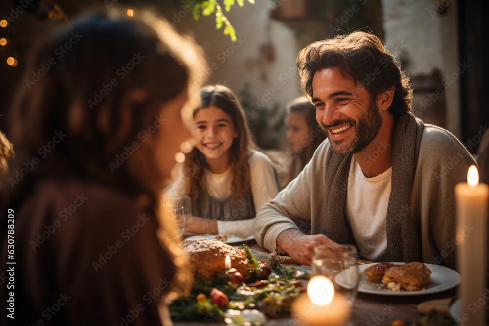 A picture of families gathering for a religious holiday feast, sharing food and laughter in celebration Generative AI