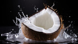 halves of a coconut with water splash isolated on background, Healthy tropical food.