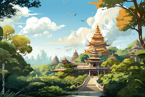 A picturesque illustration of a serene Buddhist temple nestled amidst lush greenery Generative AI