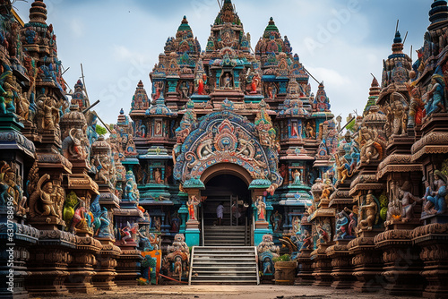 A photo capturing the magnificence of a Hindu temple with intricate carvings and colorful artwork Generative AI