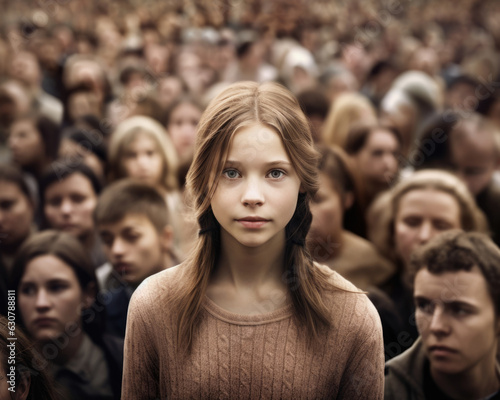 A young girl standing alone in the middle of a large crowd filled with faces that all look the same.