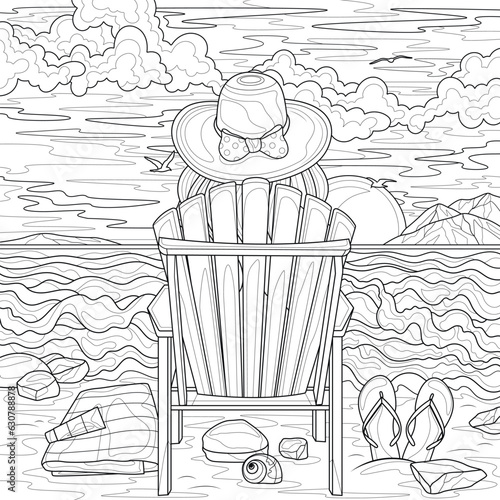 Girl in a hat on the beach on a lounger. Back view.Coloring book antistress for children and adults. Illustration isolated on white background.Zen-tangle style. Hand draw