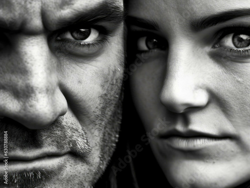 A man and a woman standing side by side in contrast one in a powerful position and the other diminished by the background..