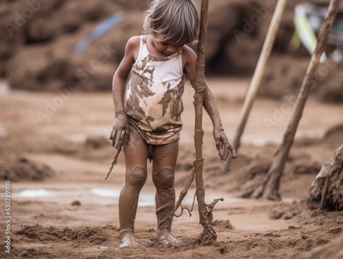 A young girl with a saddened expression standing in front of a pile of mud and sticks..