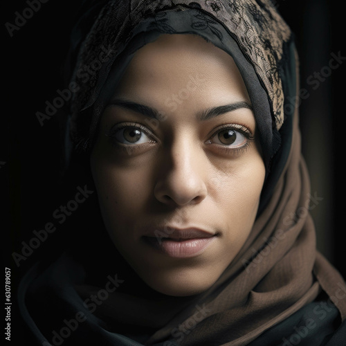 A fullsize photo of a Muslim woman in a hijab her eyes sparkling with intelligence and confidence shows how North African culture is. photo