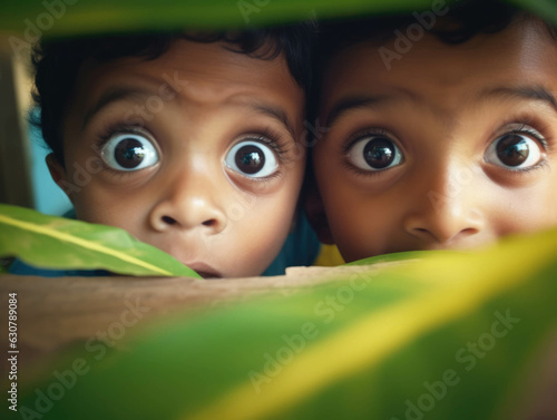 Two children nestled together in a corner of a crudelybuilt shack with astonished eyes..