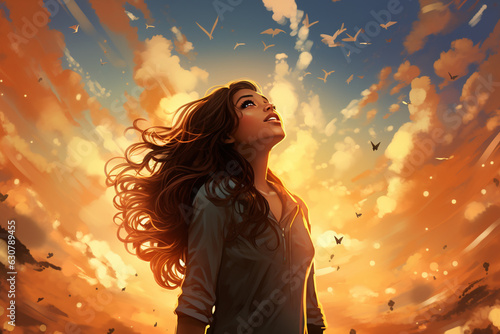 An illustration of a person looking up at the sky in awe, finding inspiration and strength through faith Generative AI