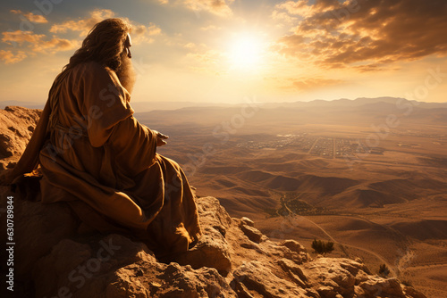An awe-inspiring image of Moses on Mount Nebo, looking upon the Promised Land before his passing Generative AI