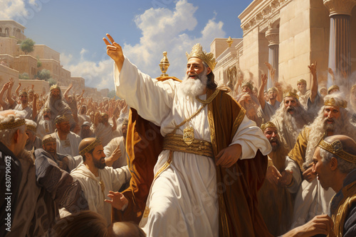 A jubilant artwork of King David leading the Ark of the Covenant into Jerusalem, celebrating God's presence Generative AI