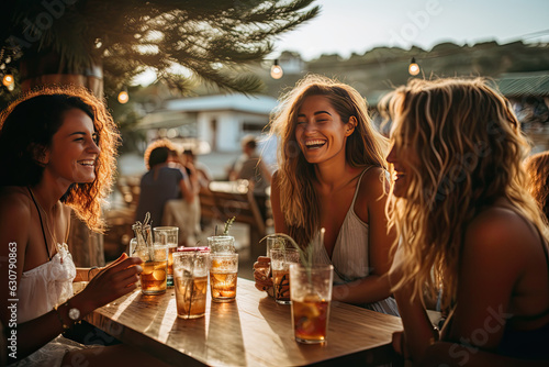 A group of woman having a nice summer evening party out drinking near the beach