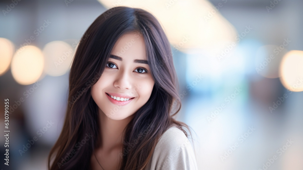 everyday life, indoor, teenage girl or young adult woman looking forward and smiling, multiethnic or asian, long brunette hair hairstyle, fictional location indoor