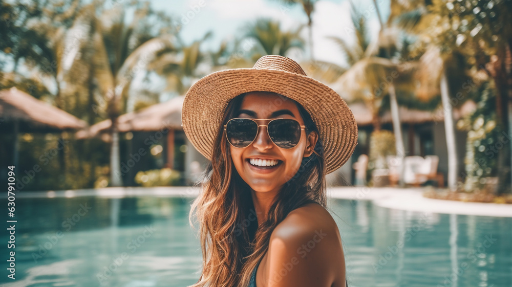 young adult woman sits on the edge of a swimming pool, wears blue bikini, long brown hair, wears sunglasses and sun hat, laughs and smiles joyfully and happily, 20s, palm trees