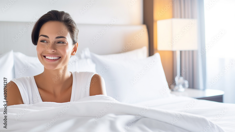 adult woman 30s 40s, caucasian, wearing nightshirt, early noon, lying in bed, covered with white duvet, in bedroom or hotel room, on weekend or vacation, smiling joyfully adult woman 30s 40s, caucasian, wearing nightshirt, early noon, lying in bed, covered with white duvet, in bedroom or hotel room, on weekend or vacation, smiling joyfully