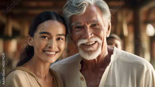 indonesian or asian adult woman 30s with older caucasian man 60s 70s with gray hair and beard, tropical setting, couple in love, age difference, happy and satisfied, older boyfriend