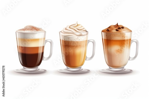 Set of glass cup Cappuccino, Latte, Macchiato. AI generated