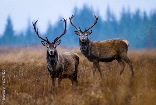 two Red deer stags  with large antlers in an open field near trees © Tapiopix/Wirestock Creators