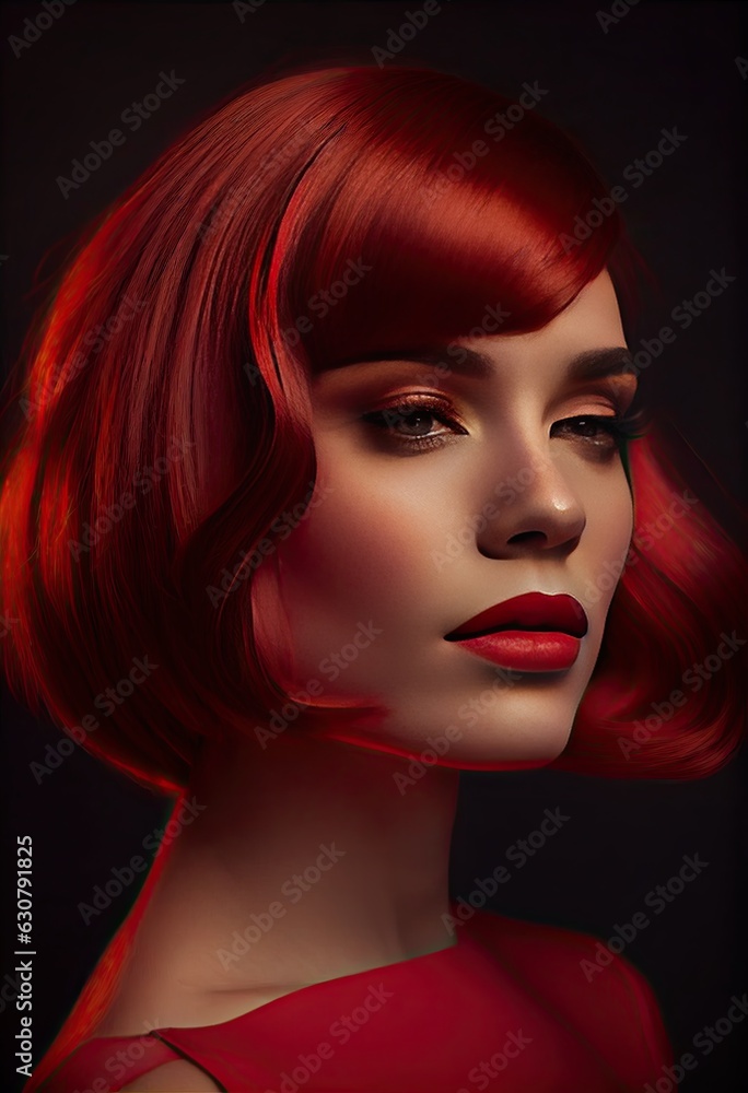 Fototapeta premium Beautiful brunette girl with red lips and bob hairstyle.