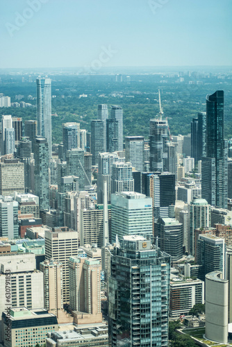 Vertical shot of a cityscape full of tall buildings