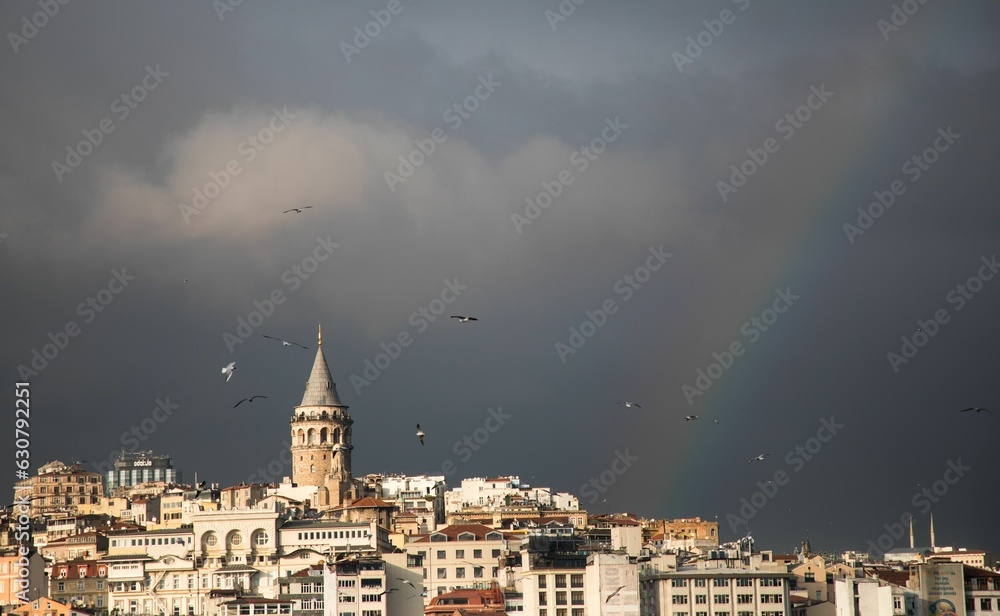 Galata tower with cloudy sky on the background