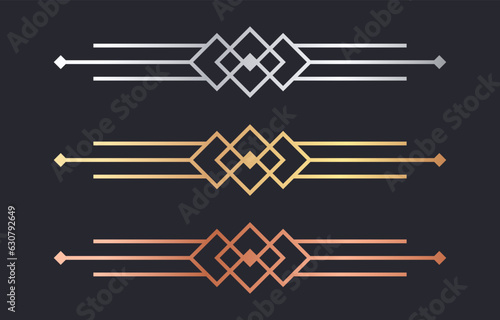 Art deco divider header icon set on dark background. Vintage 1920s elegant frame, nouveau style header. Golden, silver, bronze retro border decorative ornament collection. Luxury page decoration sign