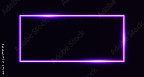 Realistic purple neon rectangle frame with glow effect isolated on dark background. Illuminated geometric shape. Electric light horizontal frame sign. Vector illustration © Gurt