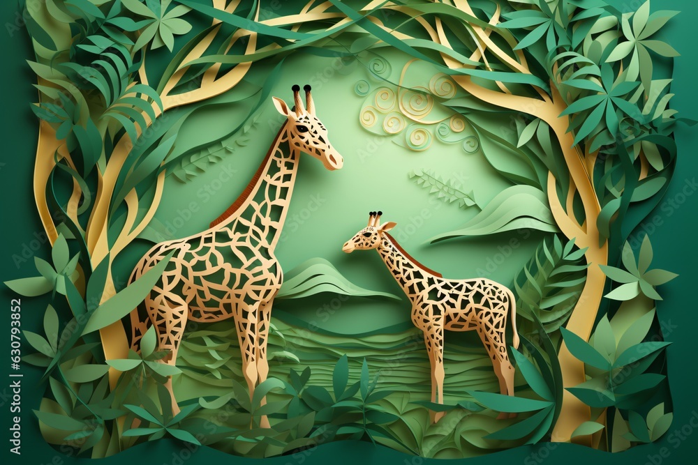 Fototapeta premium Silhouette of giraffe, landscape, paper cut style, nested shape layers, mom and baby, forest green, illustration