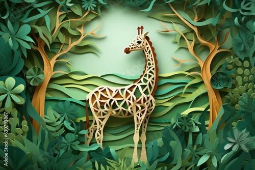 Silhouette of giraffe  landscape  paper cut style  nested shape layers  forest green  illustration