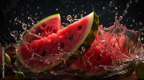 Fresh juicy sliced watermelon fruit with water splash isolated on background, healthy fruit