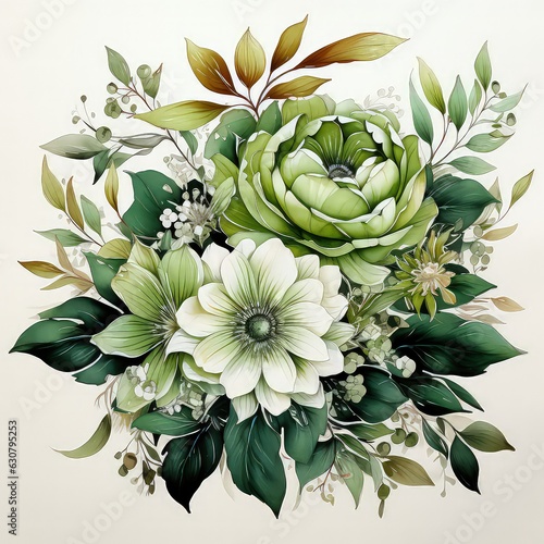 Green Wedding Invitation Card with Floral Design Watercolor Clipart