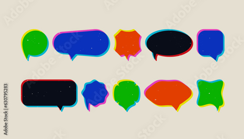Risograph speak balloons. Doodle comic speech bubbles, cartoon empty chat dialog box risoprint overlay. Vector geometric set