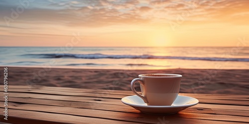 Outdoor Escape. Nature's Bliss with a Hot Coffee Cup on Wooden Table